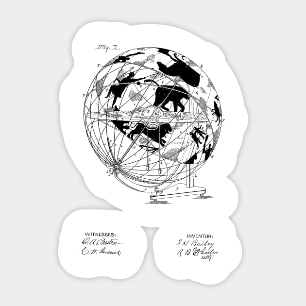 Globe Vintage Patent Hand Drawing Sticker by TheYoungDesigns